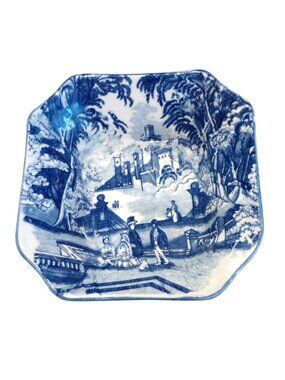 VINTAGE VICTORIA WARE IRONSTONE BLUE & WHITE HADDON HALL SQUARE BOWL 8 1/2 "